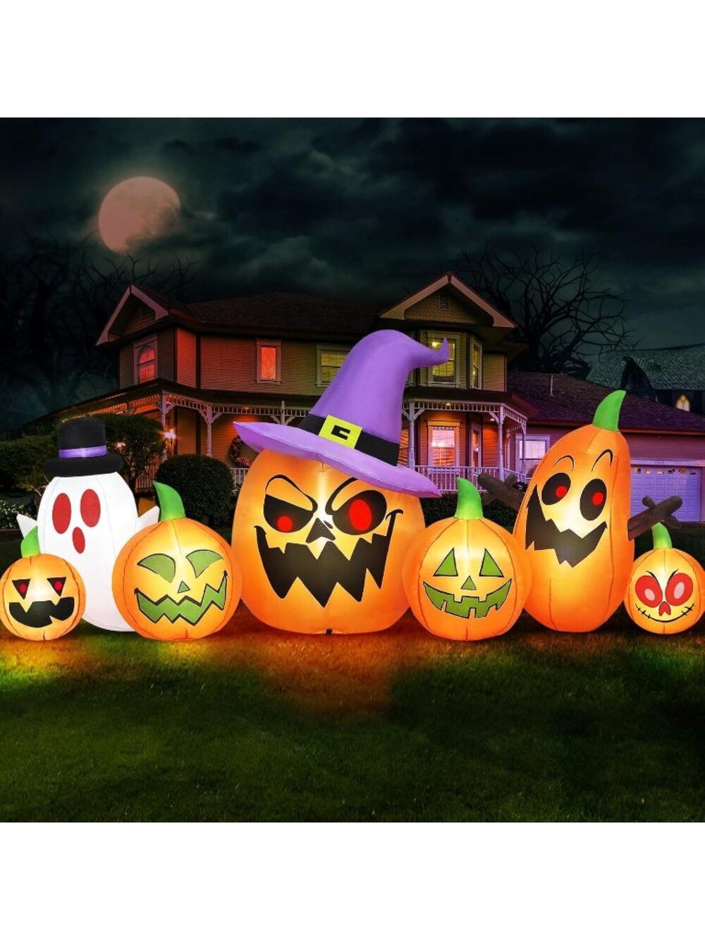 8FT Long Halloween Inflatables Spooky Pumpkin Outdoor Decor White Orange Witch